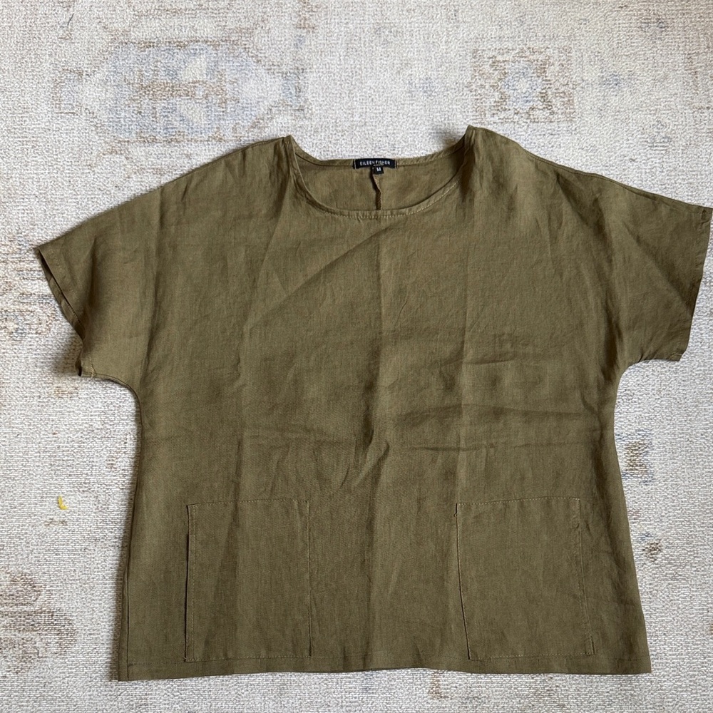 Eileen Fisher Olive Boxy Linen Top